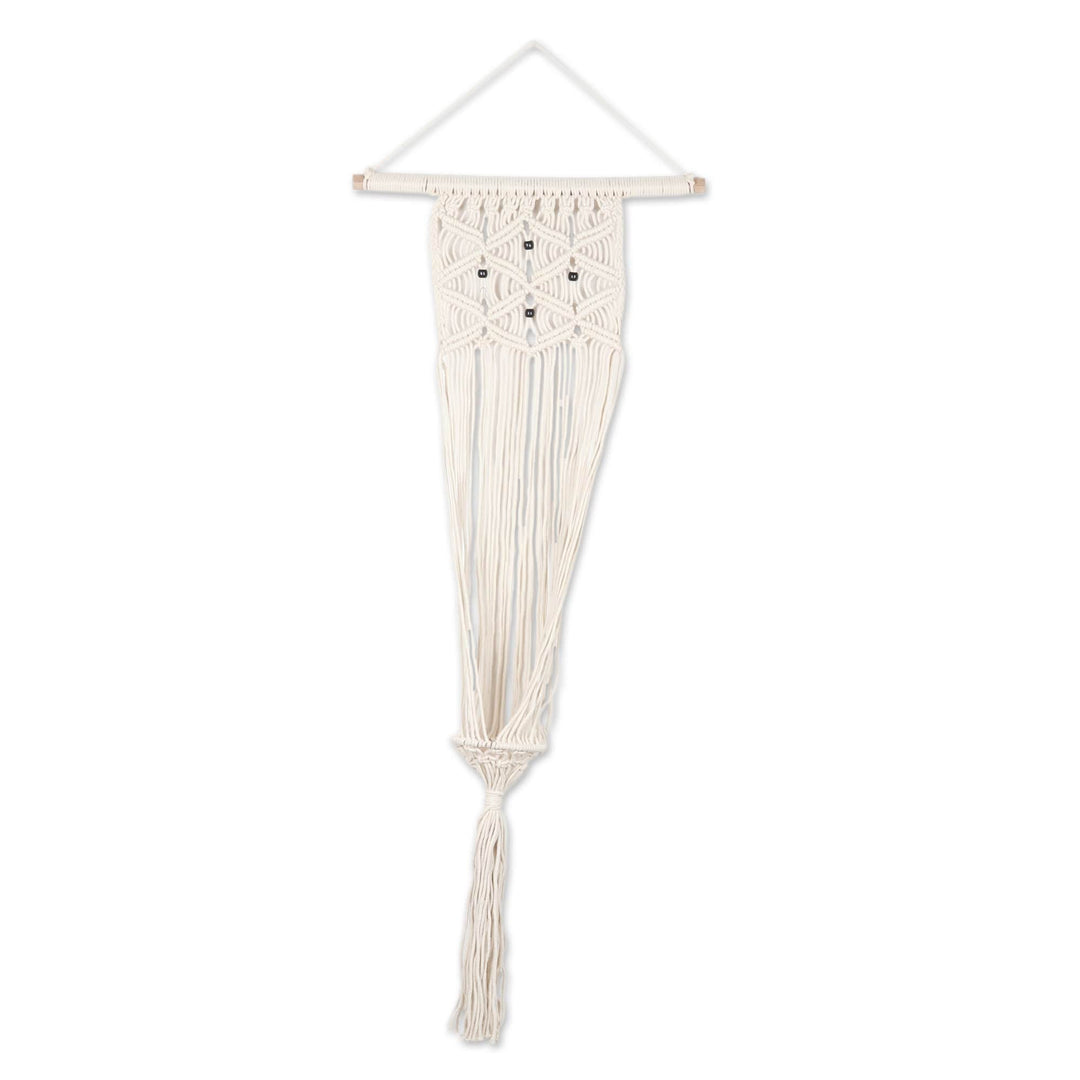 Handmade Ivory Cotton Hanging Planter with Mango Wood Beads - Natural Pride