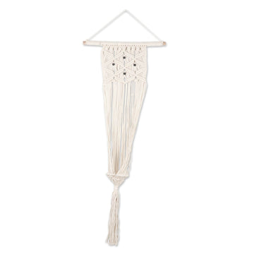 Handmade Ivory Cotton Hanging Planter with Mango Wood Beads - Natural Pride