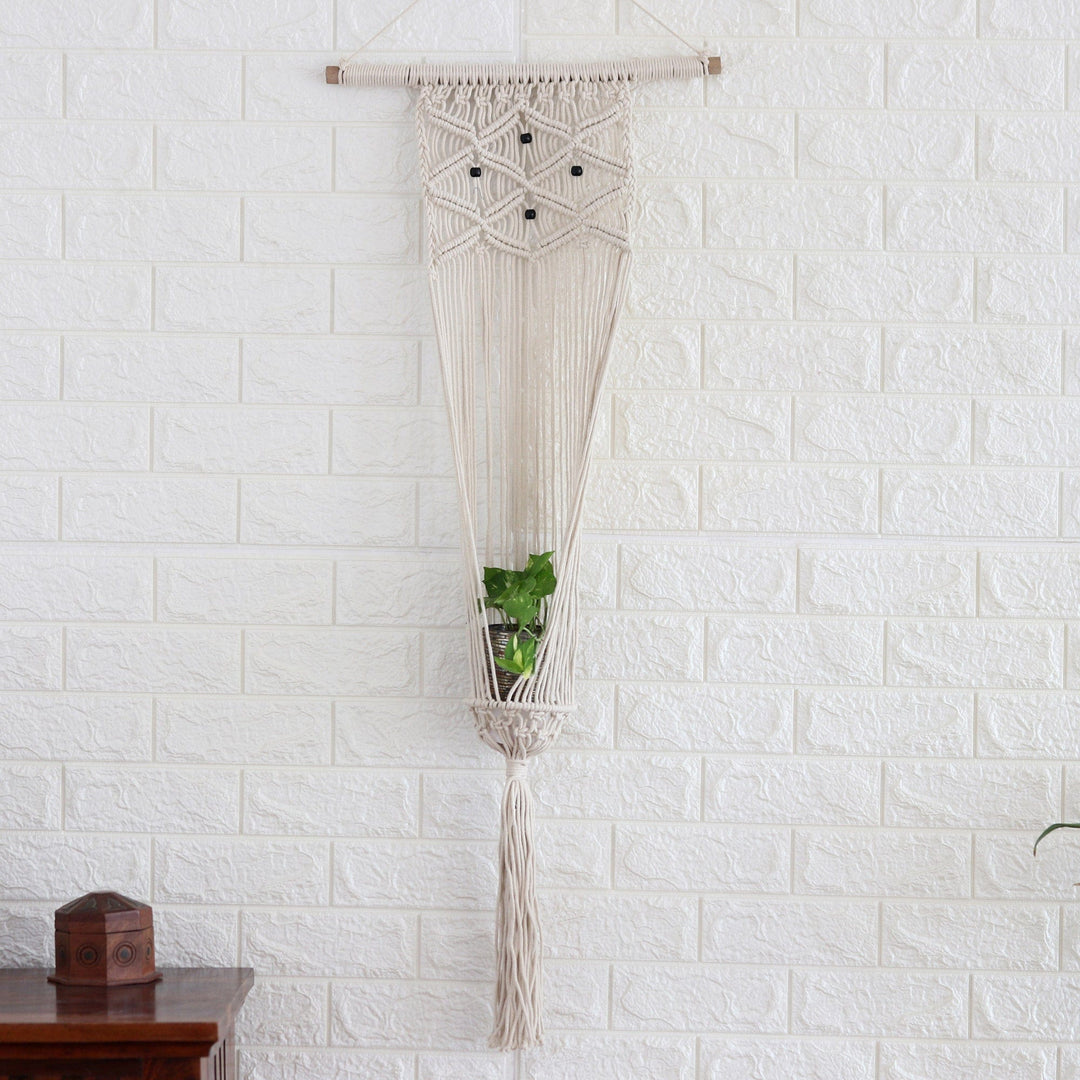 Handmade Ivory Cotton Hanging Planter with Mango Wood Beads - Natural Pride