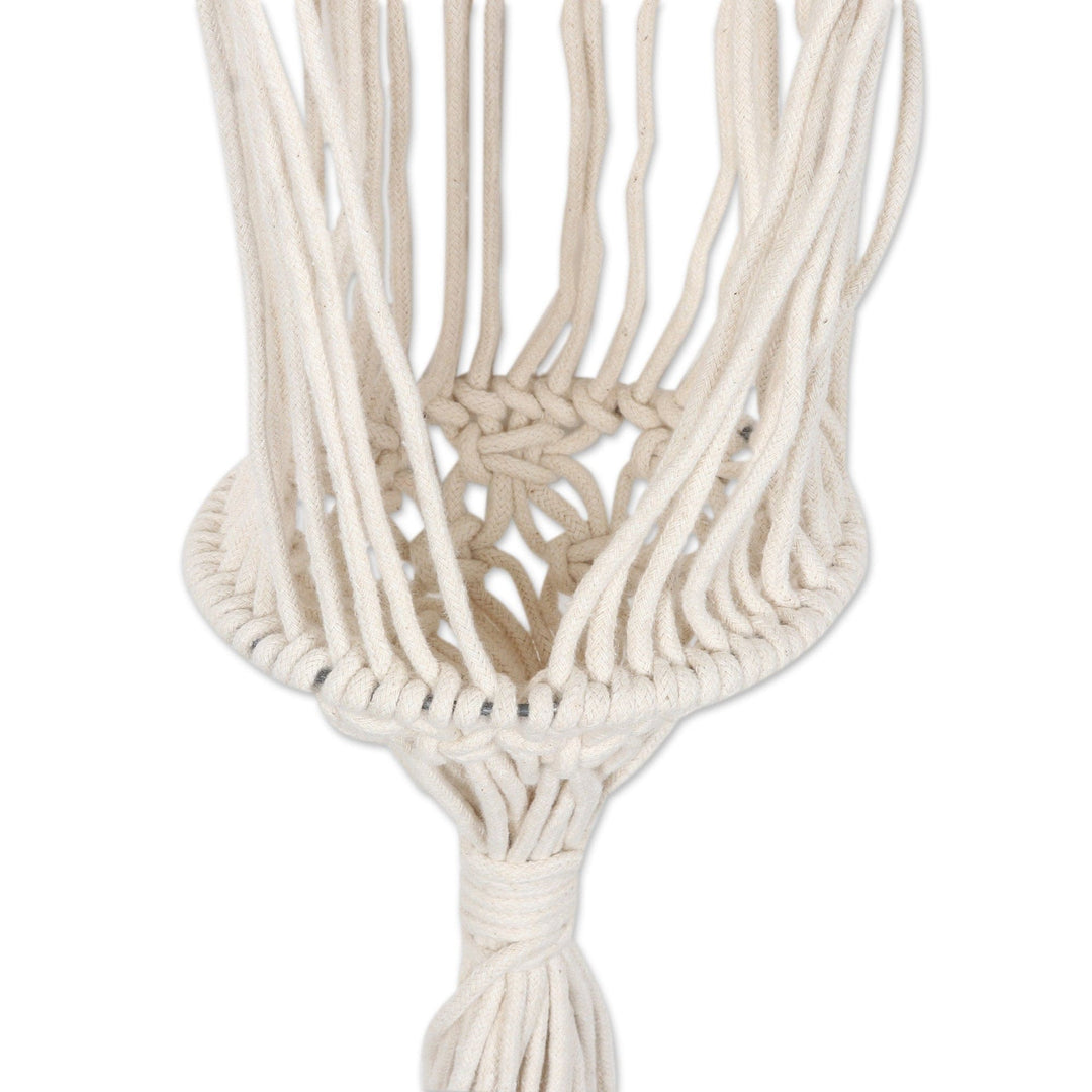 Handmade Ivory Cotton Hanging Planter with Mango Wood Beads - Natural Pride