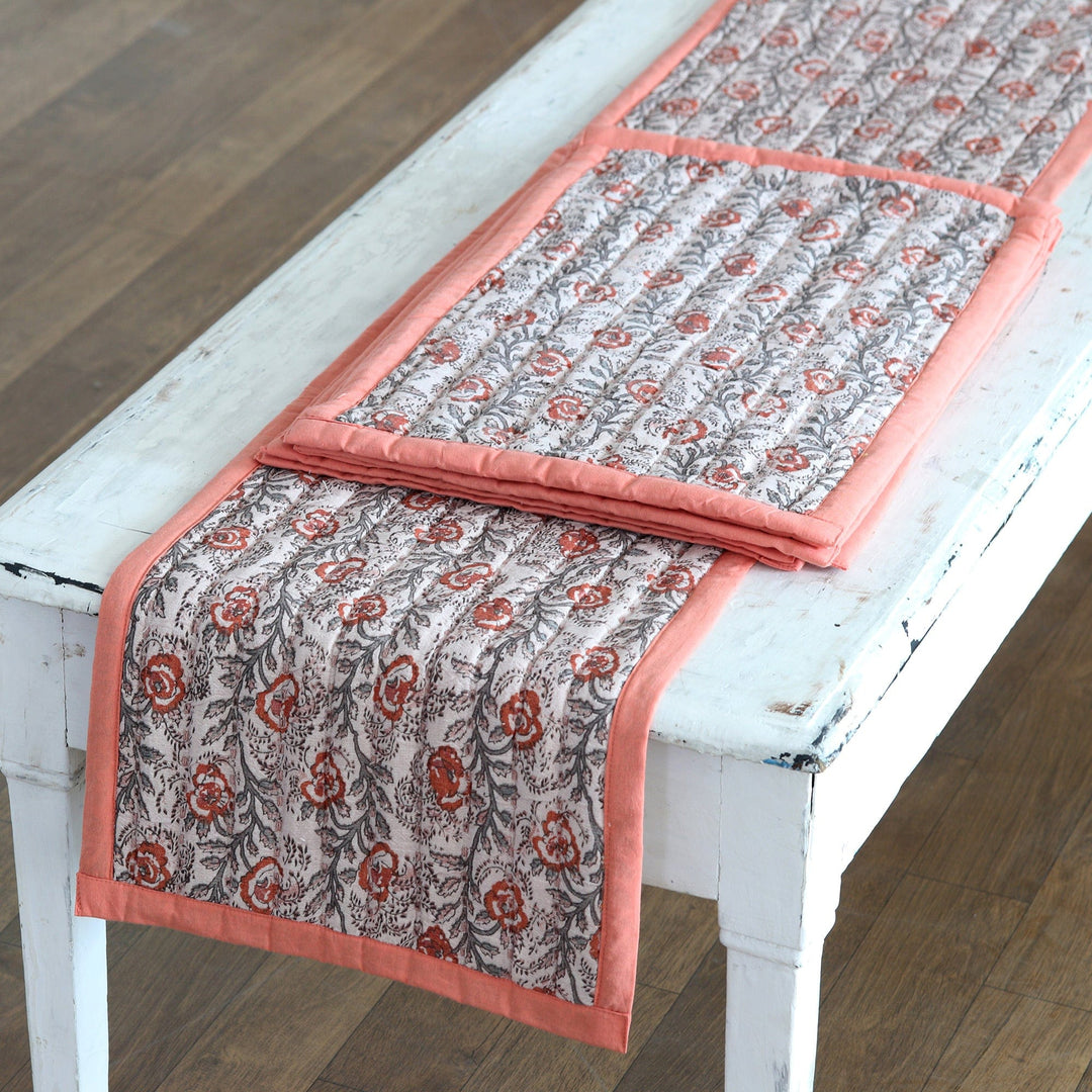 Cotton Table Runner & Placemats with Floral Motif (Set of 5) - Floral & Bright