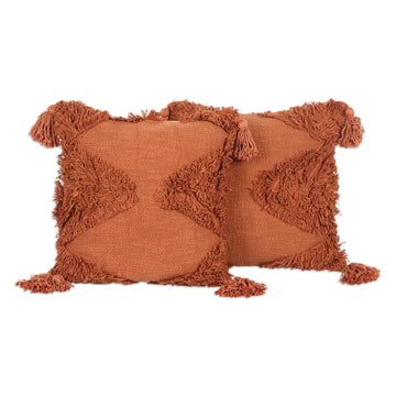 Pair of Embroidered Copper-Toned Cotton Cushion Covers - Copper Delight