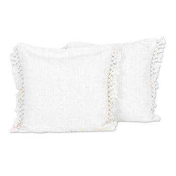Pair of Ivory Cotton Cushion Covers with Tassels from India - Ivory Passion