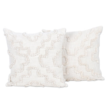 Pair of Ecru Cotton Cushion Covers with Embroidered Details - Ecru Tunnels