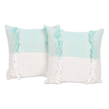Fringed Cotton Cushion Covers in Mint and White Tones (Pair) - Delhi Sophistication in Mint