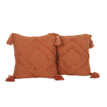 Pair of Geometric Copper Embroidered Cotton Cushion Covers - Copper Diamonds
