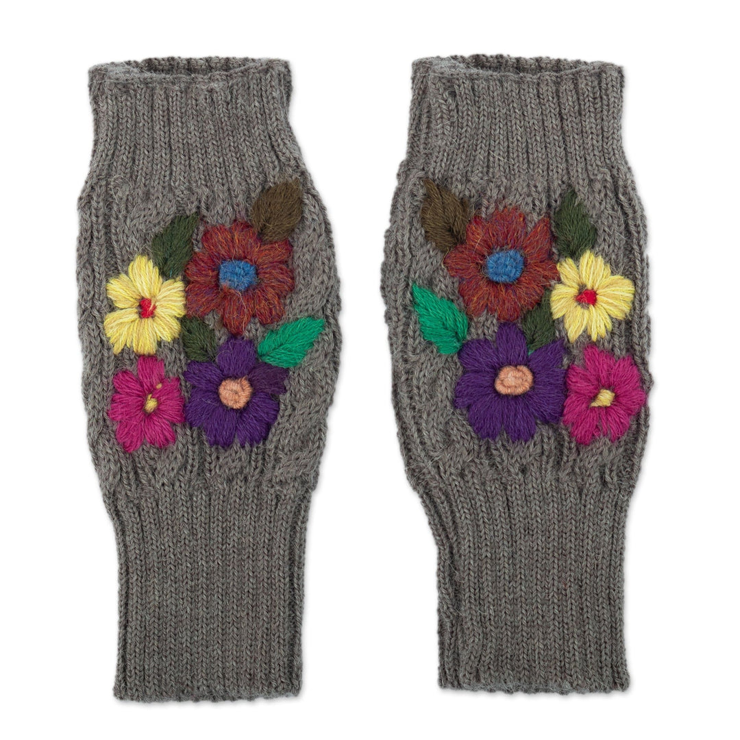 Knit Grey Alpaca Blend Fingerless Mittens with Little Blooms - Grey Floral Passion
