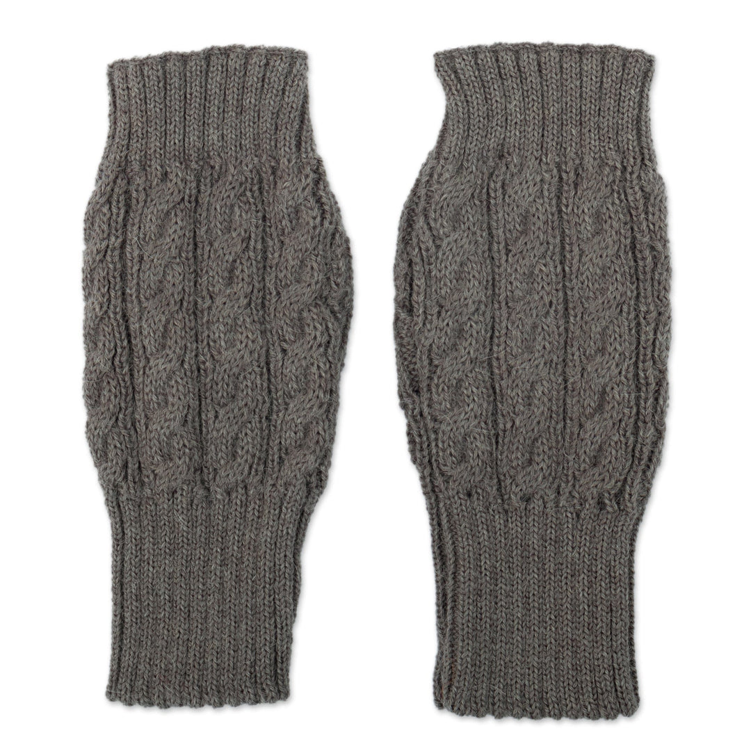 Knit Grey Alpaca Blend Fingerless Mittens with Little Blooms - Grey Floral Passion