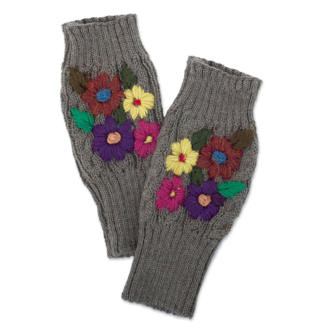 Knit Grey Alpaca Blend Fingerless Mittens with Little Blooms - Grey Floral Passion