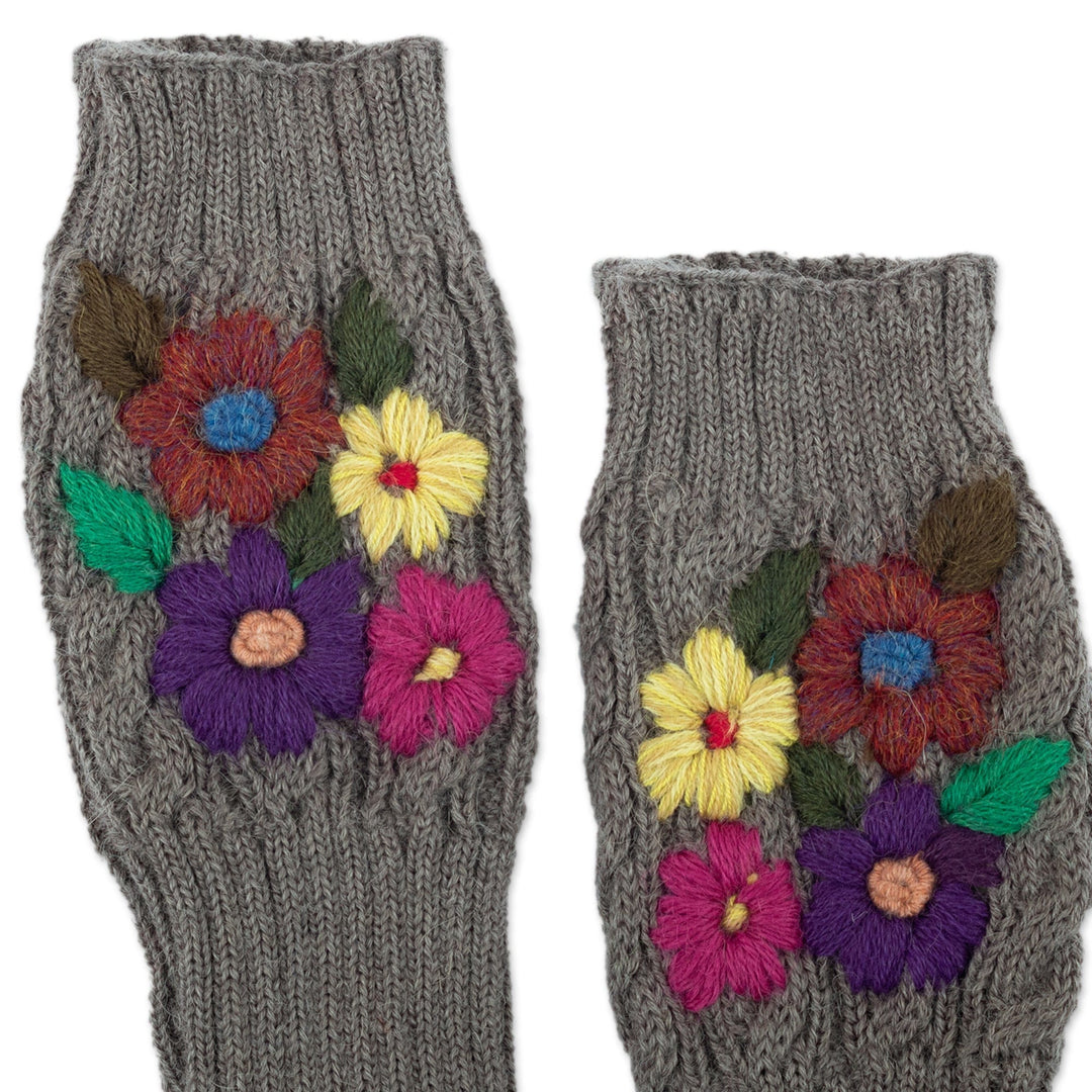 Knit Grey Alpaca Blend Fingerless Mittens with Little Blooms - Grey Floral Passion