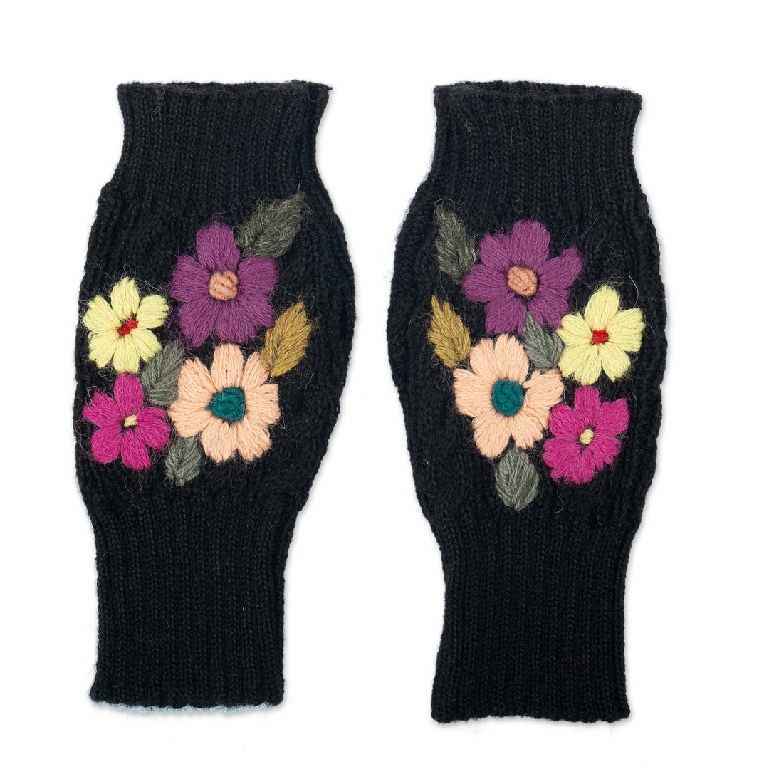 Knit Black Alpaca Blend Fingerless Mittens with Flowers - Black Floral Passion