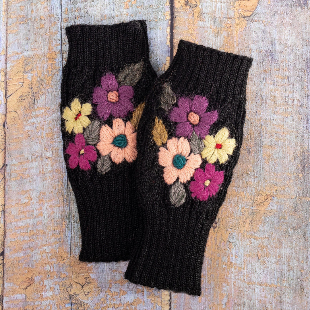 Knit Black Alpaca Blend Fingerless Mittens with Flowers - Black Floral Passion