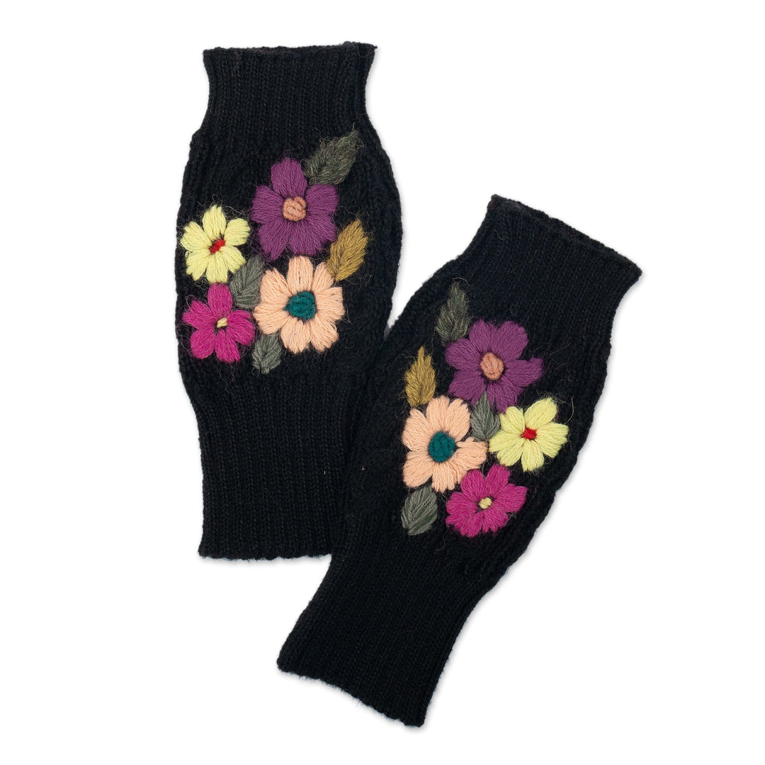 Knit Black Alpaca Blend Fingerless Mittens with Flowers - Black Floral Passion