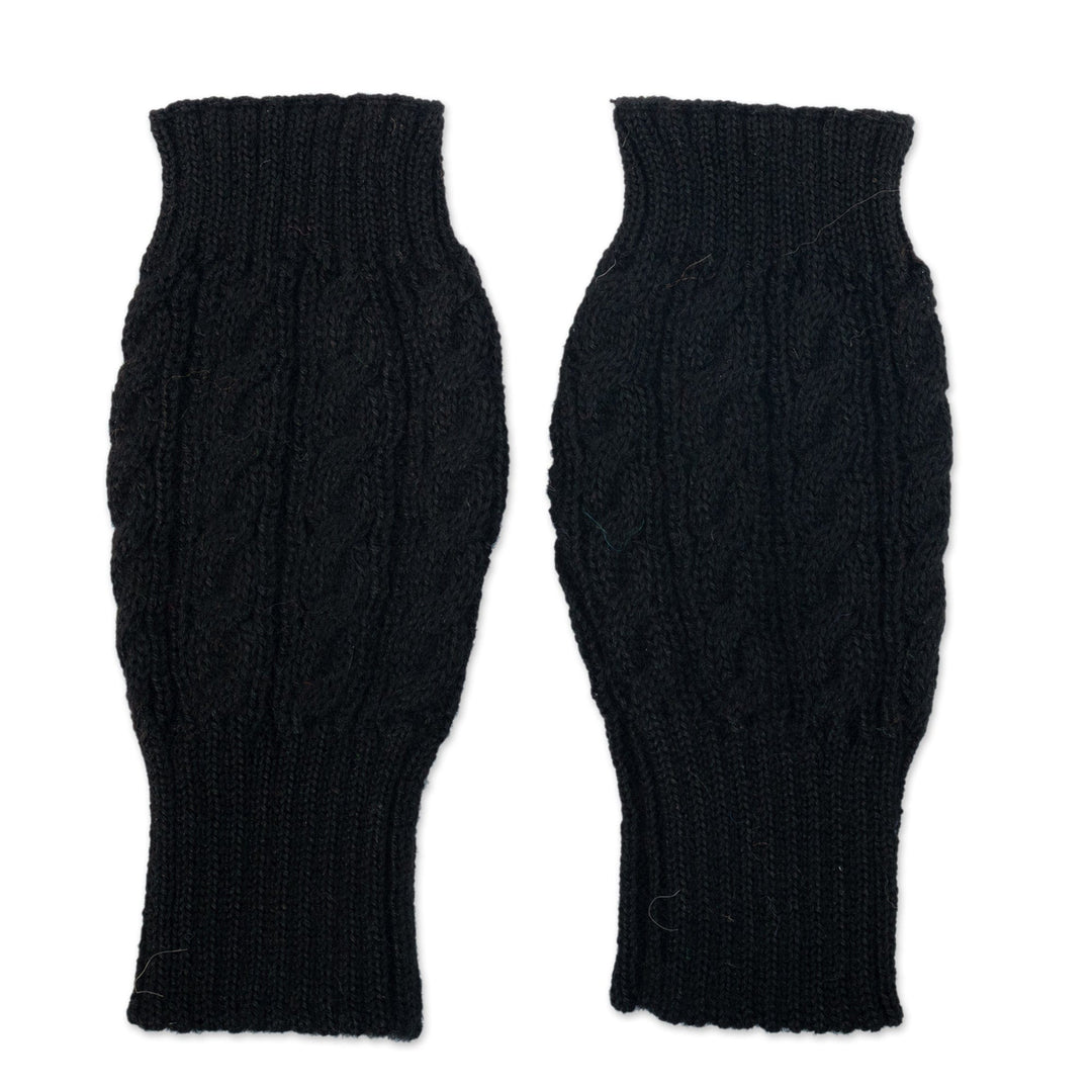 Knit Black Alpaca Blend Fingerless Mittens with Flowers - Black Floral Passion