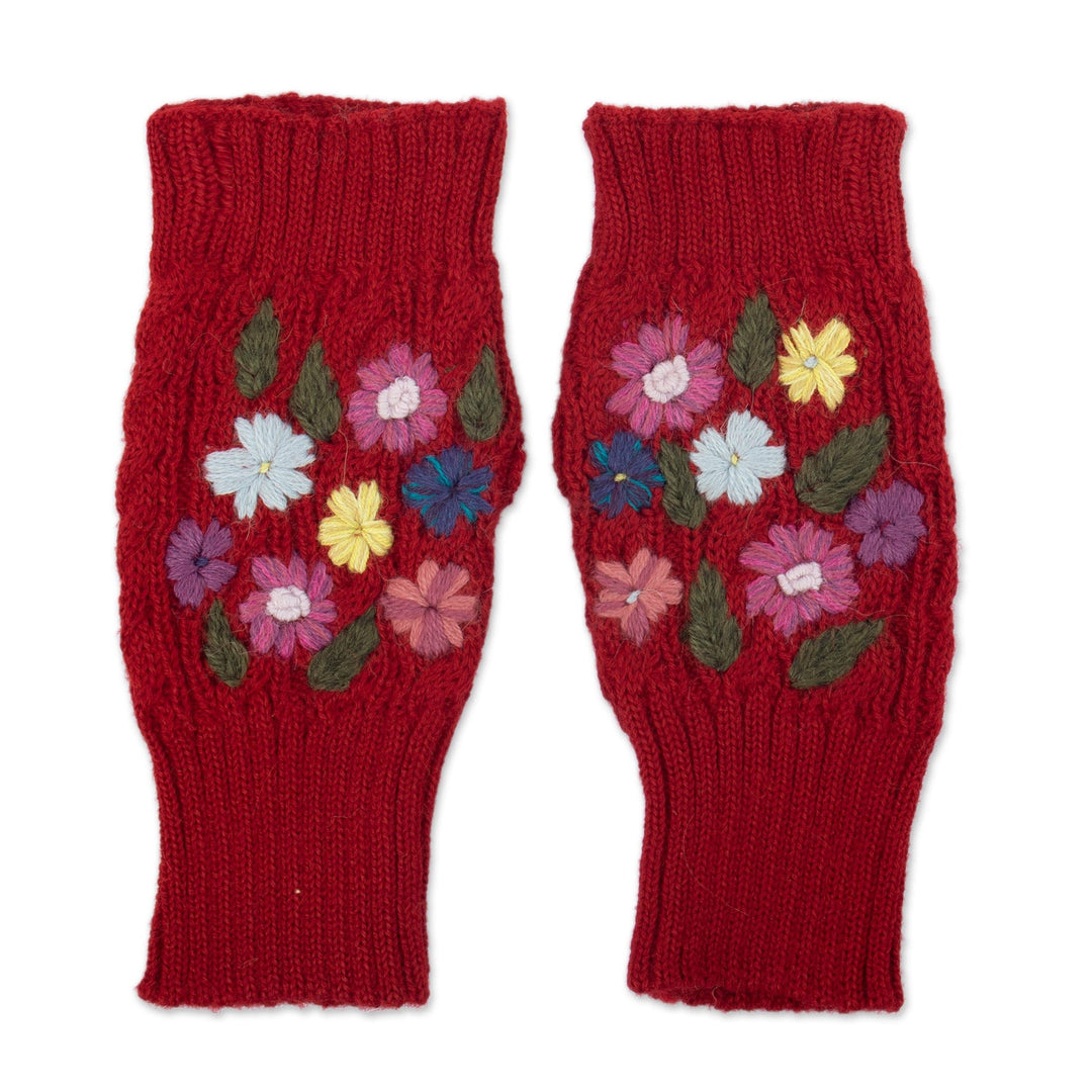 Knit Red Alpaca Blend Fingerless Mittens with Little Blooms - Red Floral Passion
