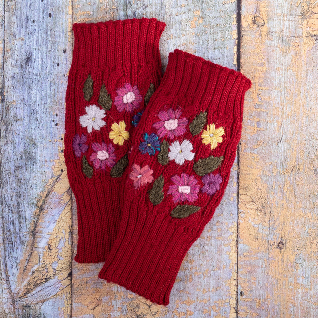 Knit Red Alpaca Blend Fingerless Mittens with Little Blooms - Red Floral Passion