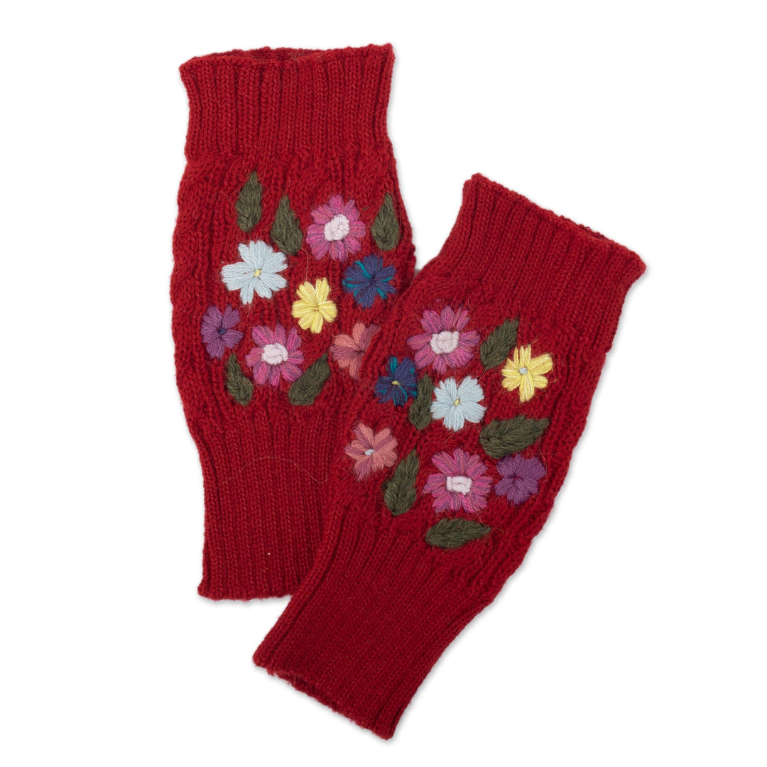 Knit Red Alpaca Blend Fingerless Mittens with Little Blooms - Red Floral Passion