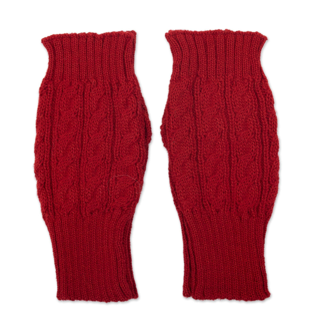 Knit Red Alpaca Blend Fingerless Mittens with Little Blooms - Red Floral Passion