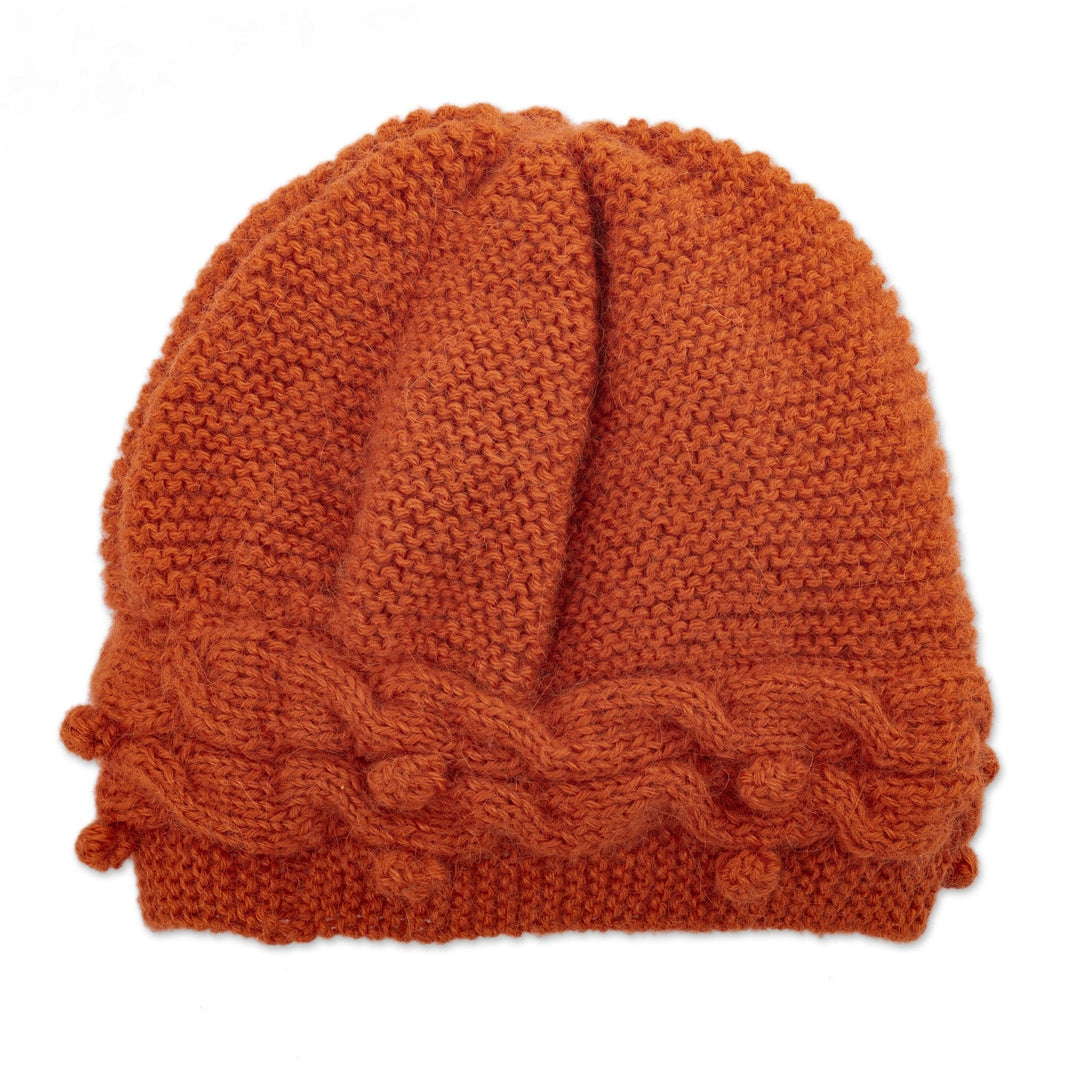 Knit 100% Alpaca Hat in an Orange Tone Handcrafted in Peru - Crossed Paths in Orange