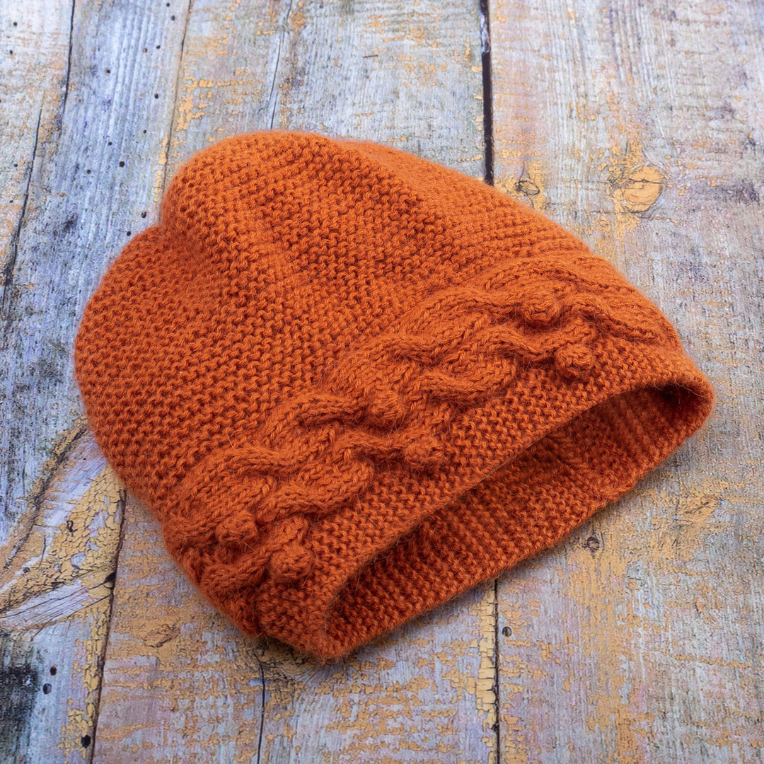 Knit 100% Alpaca Hat in an Orange Tone Handcrafted in Peru - Crossed Paths in Orange