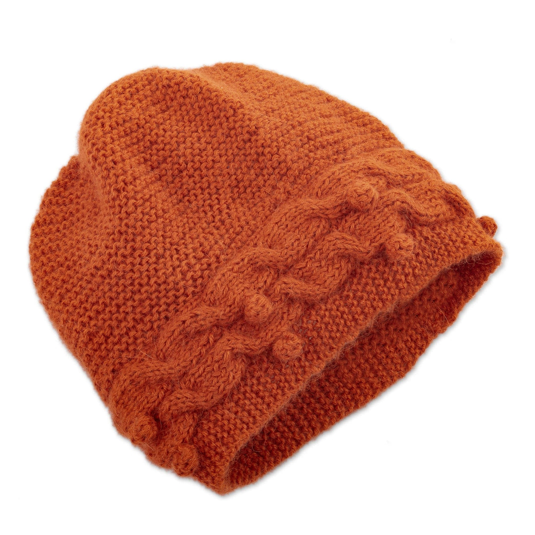 Knit 100% Alpaca Hat in an Orange Tone Handcrafted in Peru - Crossed Paths in Orange