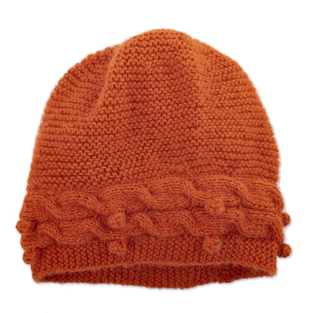 Knit 100% Alpaca Hat in an Orange Tone Handcrafted in Peru - Crossed Paths in Orange