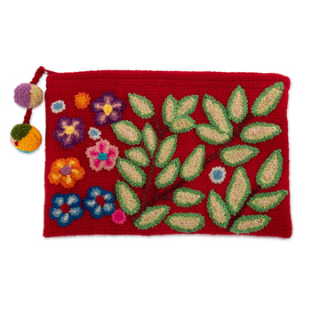 Leafy and Floral Red Cosmetic Bag Handcrafted from Alpaca - Leafy Vitality