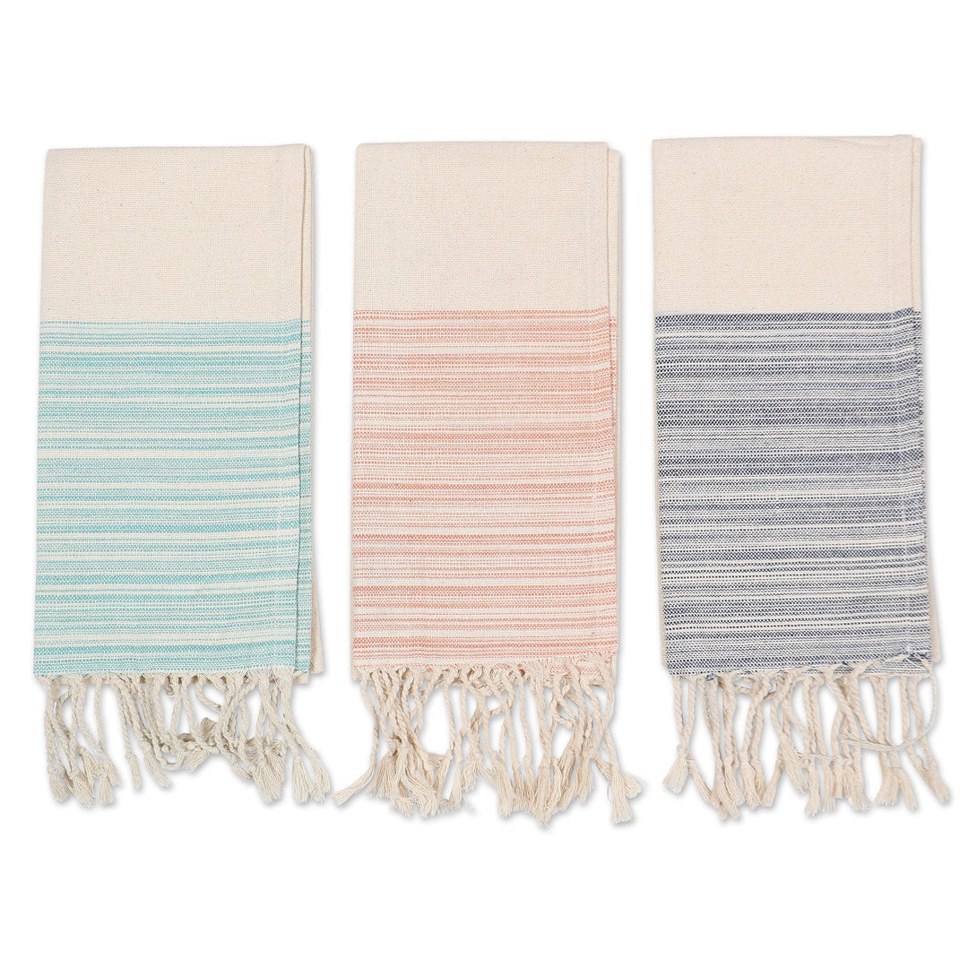 Set of Three Striped Cotton Dish Towels with Fringes - Serene Sensations