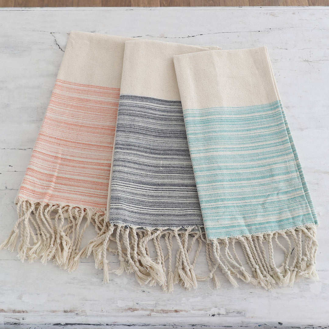 Set of Three Striped Cotton Dish Towels with Fringes - Serene Sensations