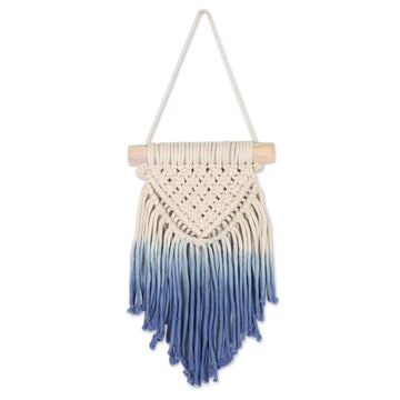 Handcrafted Blue Cotton Wall Hanging with Pine Wood Rod - Blue Waterfall