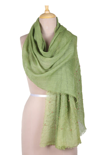 Spring Green Linen Shawl Embellished with Acrylic Beads - Spring Sparks