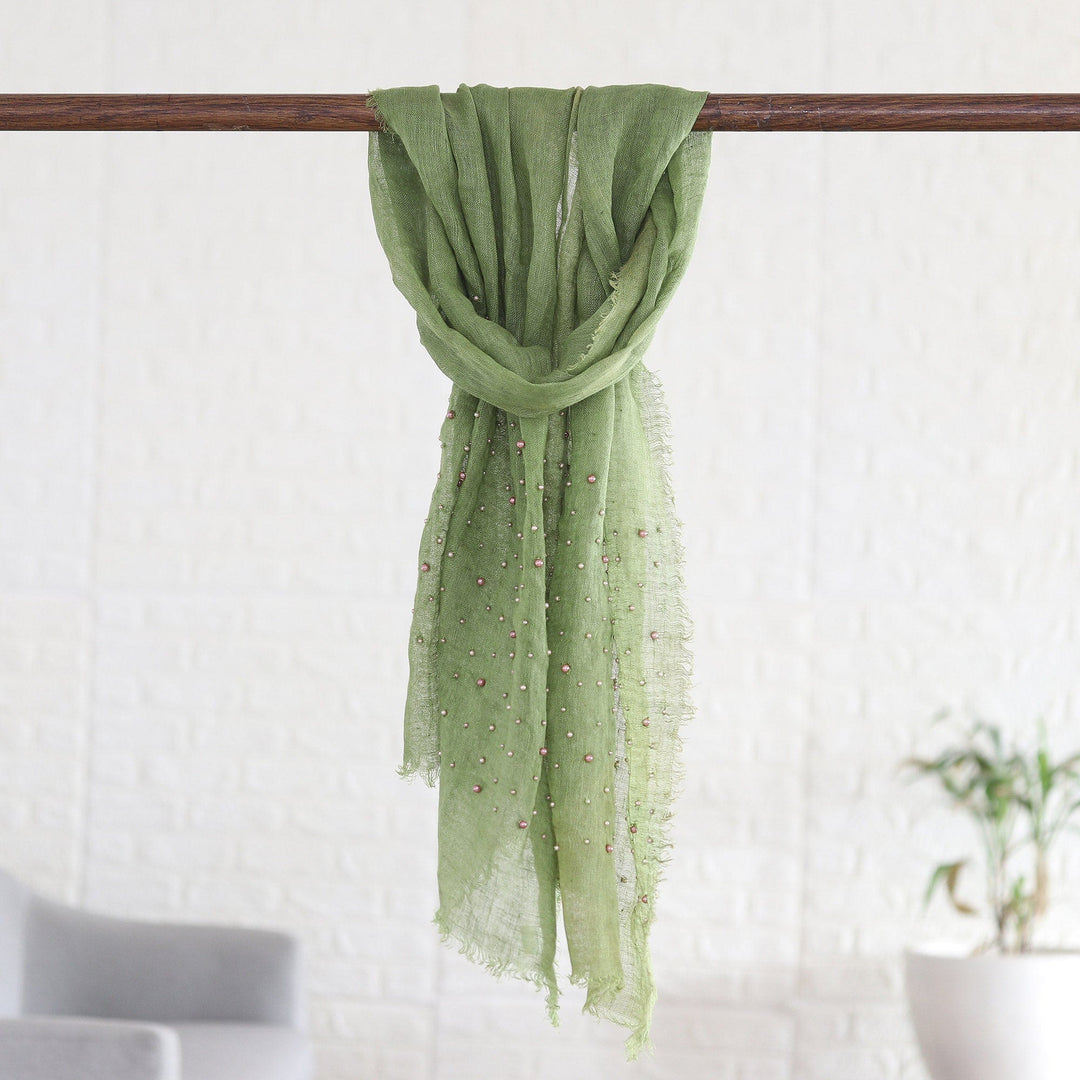 Spring Green Linen Shawl Embellished with Acrylic Beads - Spring Sparks