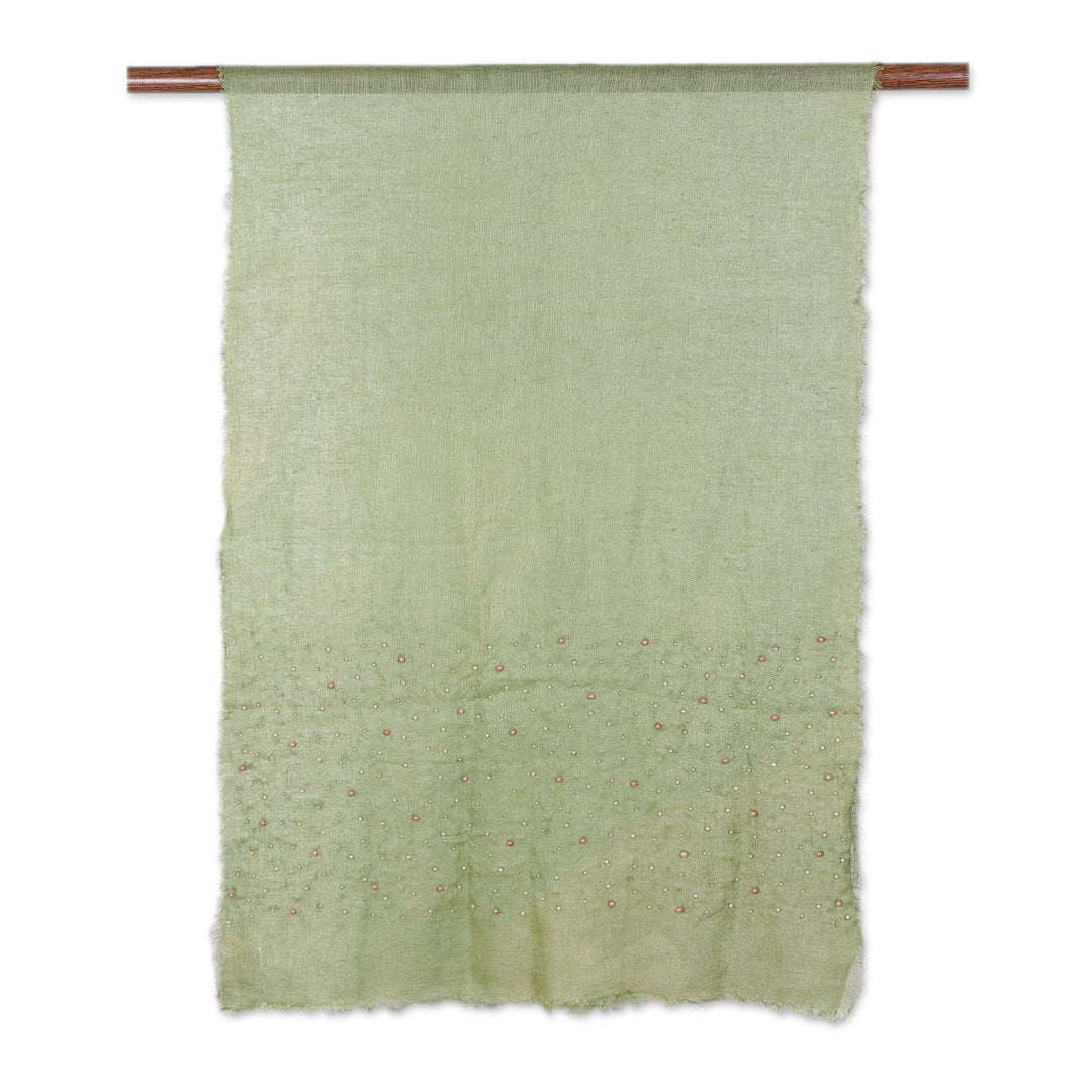 Spring Green Linen Shawl Embellished with Acrylic Beads - Spring Sparks
