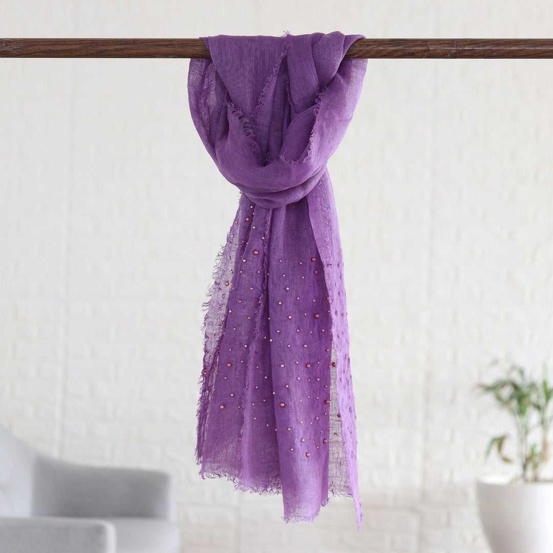 Imperial Purple Linen Shawl Embellished with Acrylic Beads - Imperial Sparks