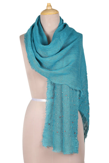 Caribbean Blue Linen Shawl Embellished with Acrylic Beads - Caribbean Sparks