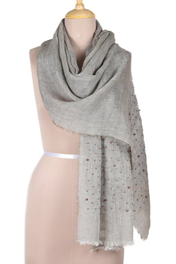 Grey Linen Shawl Embellished with Acrylic Beads - Stone Sparks