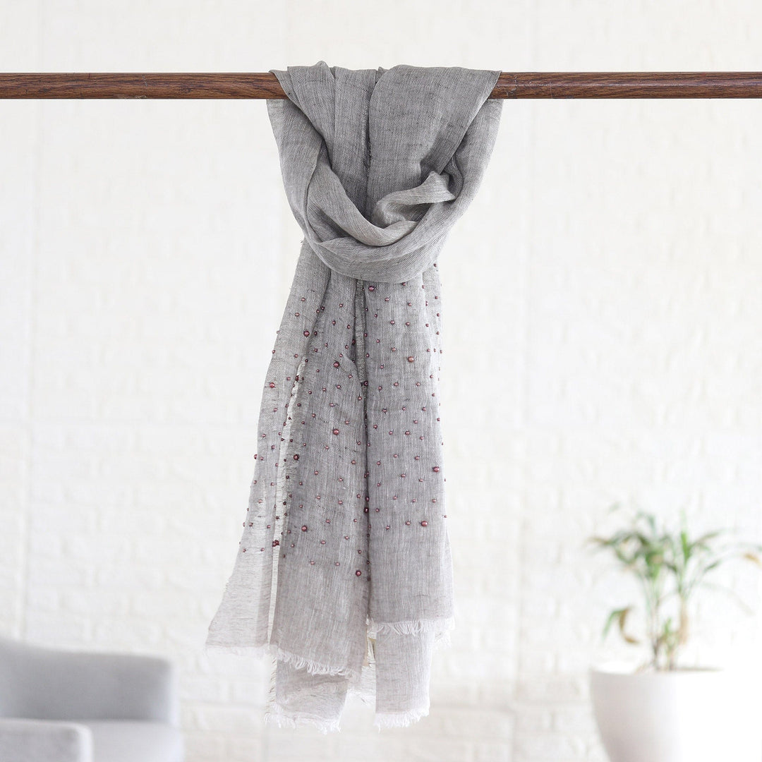 Grey Linen Shawl Embellished with Acrylic Beads - Stone Sparks