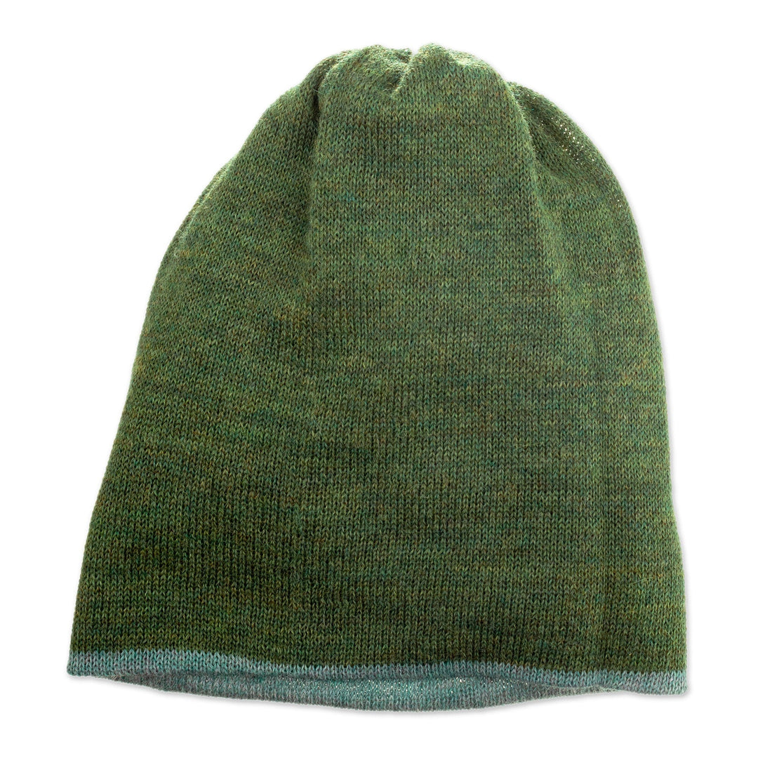 Knit Reversible 100% Baby Alpaca Hat in Cyan and Green - Cyan & Green Style