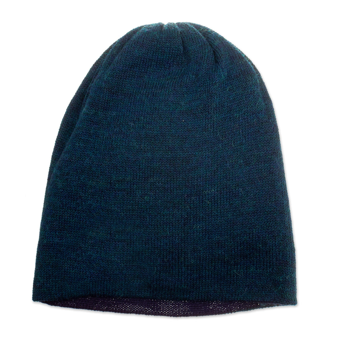 Knit Reversible Baby Alpaca Hat in Indigo and Peacock Hues - Peacock Trends