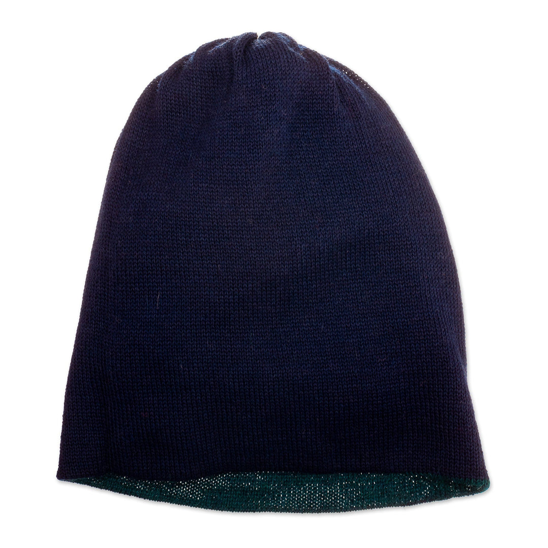 Knit Reversible Baby Alpaca Hat in Indigo and Peacock Hues - Peacock Trends