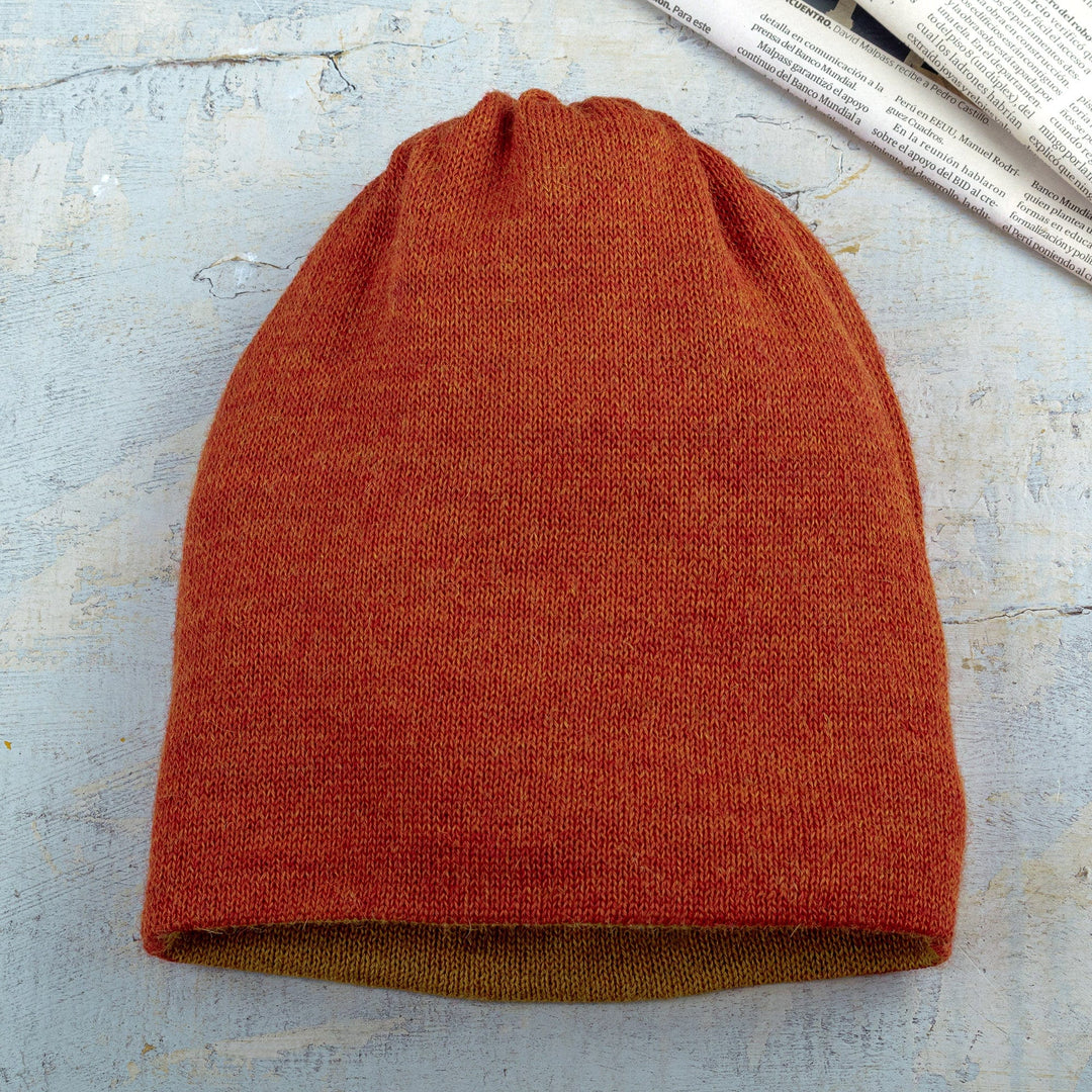 Knit Reversible Baby Alpaca Hat in Honey and Salamander Hues - Warm Trends