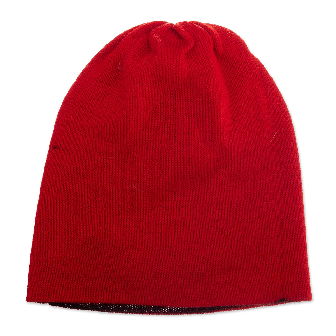 Knit Reversible Baby Alpaca Hat in Black and Strawberry Hues - Intense Trends