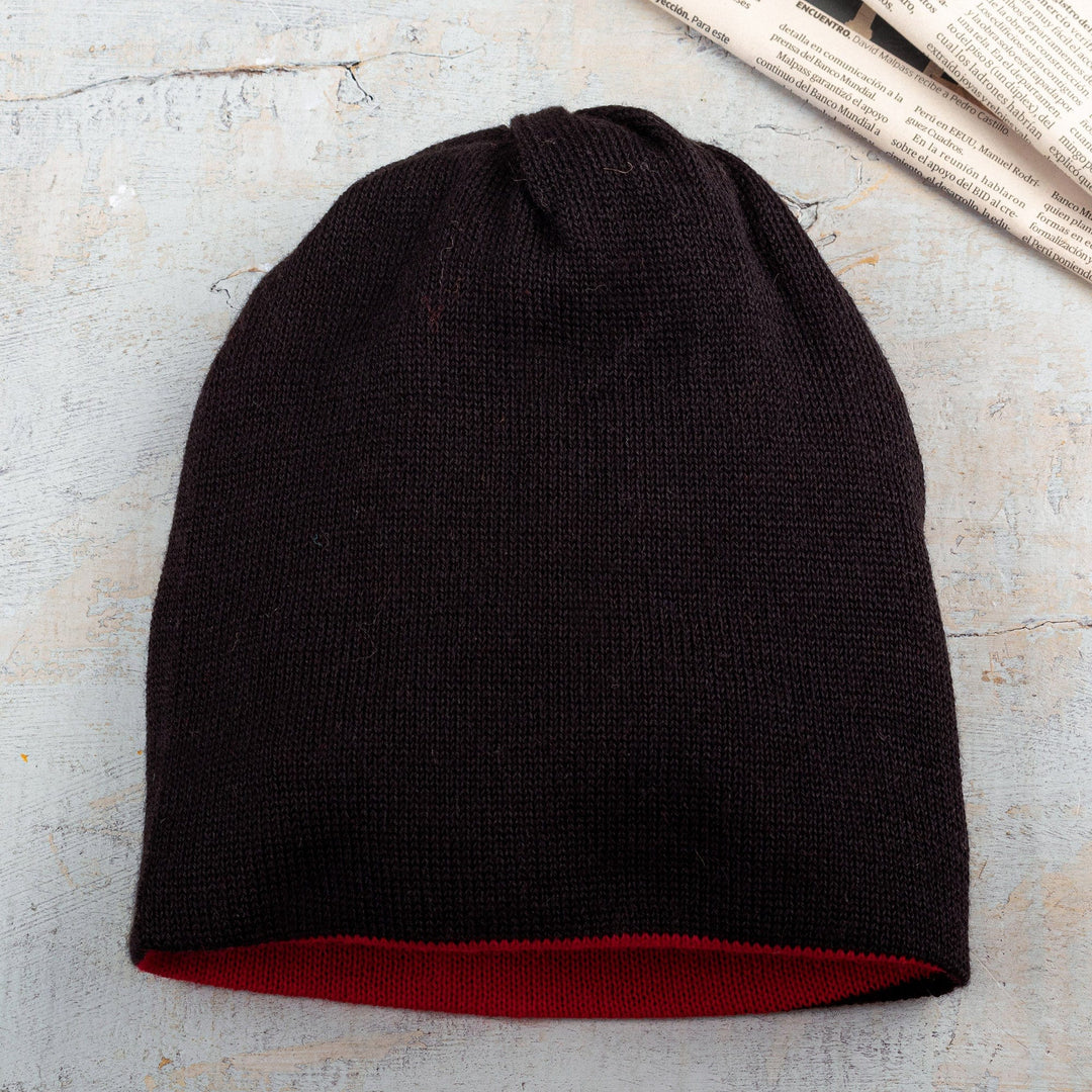 Knit Reversible Baby Alpaca Hat in Black and Strawberry Hues - Intense Trends