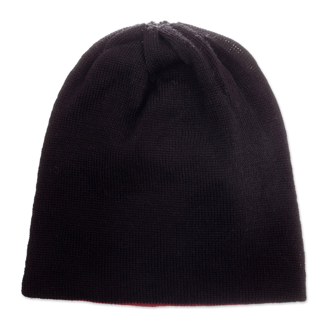 Knit Reversible Baby Alpaca Hat in Black and Strawberry Hues - Intense Trends