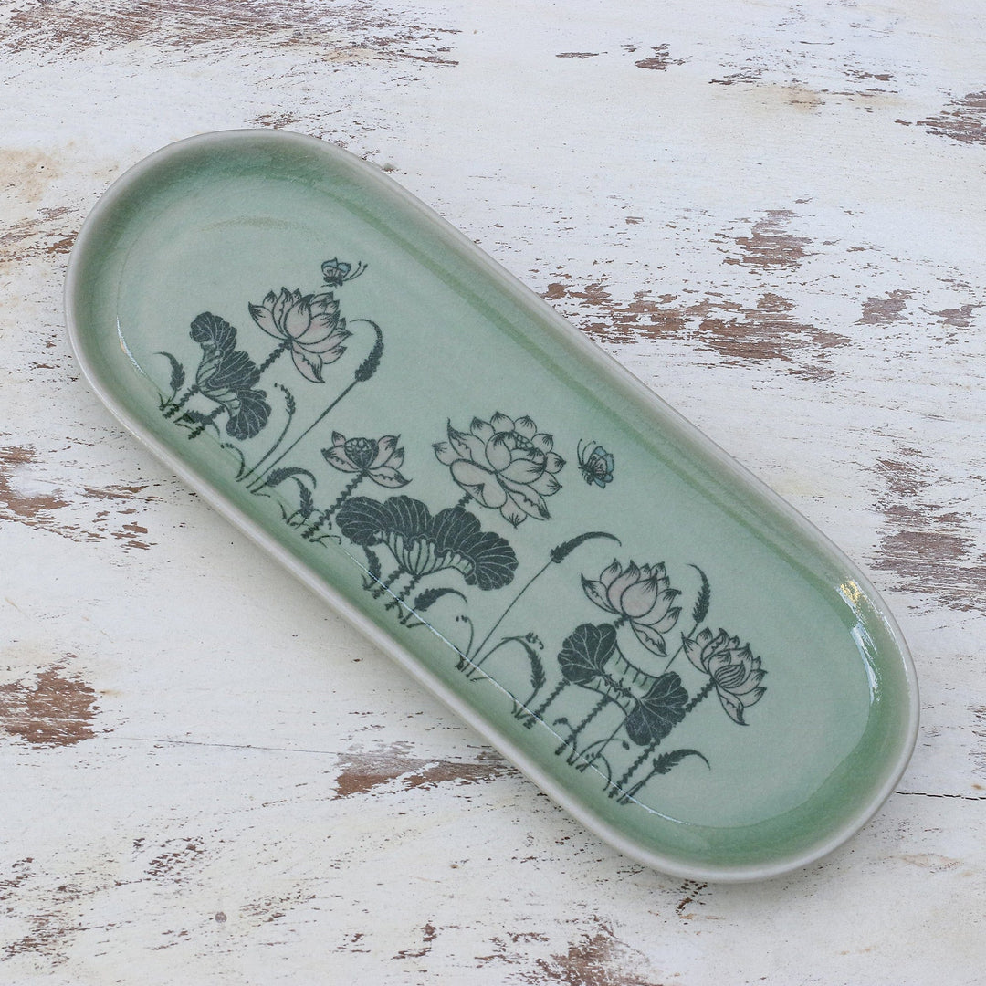 Handcrafted Lotus-Themed Celadon Ceramic Tray from Thailand - Thai Lotus