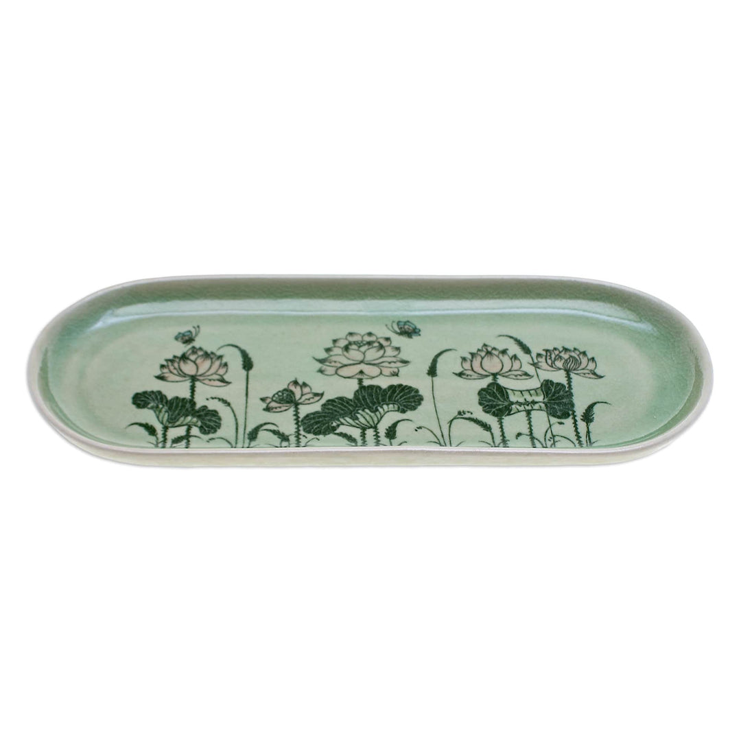 Handcrafted Lotus-Themed Celadon Ceramic Tray from Thailand - Thai Lotus