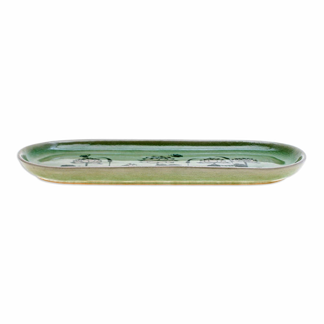 Handcrafted Lotus-Themed Celadon Ceramic Tray from Thailand - Thai Lotus
