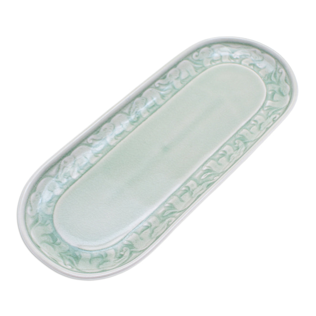 Handcrafted Elephant-Themed Celadon Ceramic Tray - Divine Parade