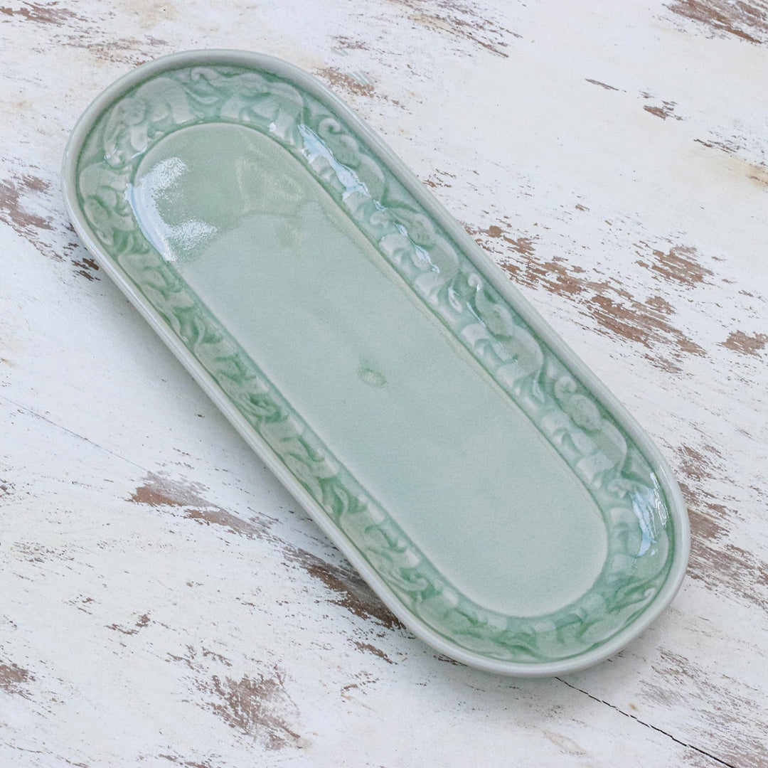 Handcrafted Elephant-Themed Celadon Ceramic Tray - Divine Parade