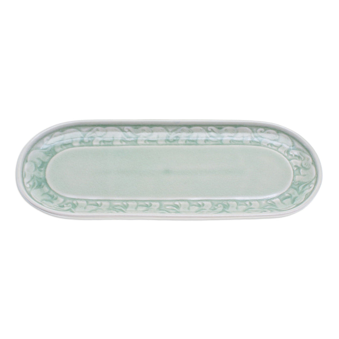 Handcrafted Elephant-Themed Celadon Ceramic Tray - Divine Parade